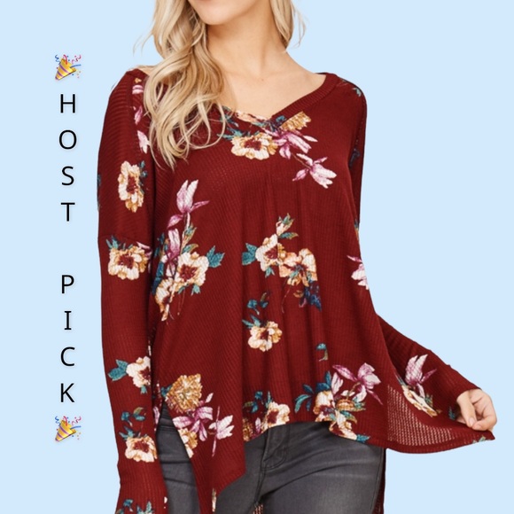 Tops - ❌DONATED❌Burgundy Wine Floral Print Waffle V-neck Long Sleeve Top